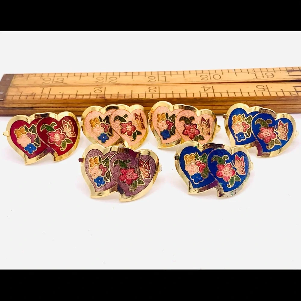 6 vintage scarf clips gold cloisonné 1980s NOS